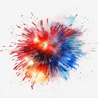 fireworks body, in the style of fourth of july realistic and hyper-detailed watercolor painting, sketchfab, ahmed morsi, realistic watercolor paintings, use of common materials, handcrafted designs clipart red white and blue with white background