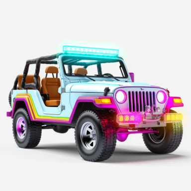 white 1994 jeep wrangler, bold colors, retro neon style, photorealistic, high-resolution photography, transparent background PNG clipart – ar 16:9