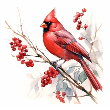 red cardinal bird, fruit, watercolor, branch, white background, clipart, minimalism