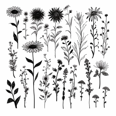 black hand draw wild flowers clipart, vector image
