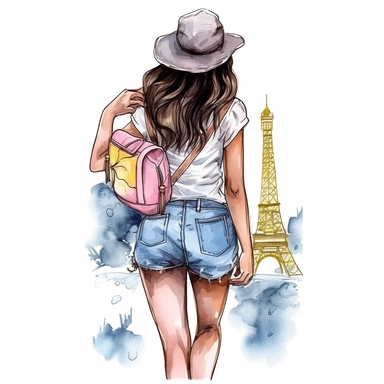 Cute Beautiful Travel Girl Back View Full Body Watercolor Sublimation Clipart,Cartoon,hyper realistic, intricate detail, illustration style,high solution,on the white background, in paris, transparent background