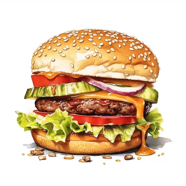 a watercolor, hyper-realistic clipart image with a white background and white margins, showcasing a classic cheeseburger with a juicy beef patty, melted cheese, lettuce, tomatoes, and pickles. The ultra-detailed, hand-drawn elements capture the textures and colors of the burger ingredients. Use bold shades of brown, green, and red to evoke the mouthwatering and indulgent nature of this fast food staple