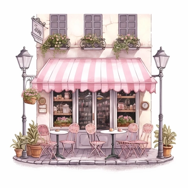 commercial shot of realistic french boho parisian pink pastel cozy cafe with open doors cute elegant tables and parasol and plants in front clipart, french cafe, high quality, intricate design, clipart witchcore dreamcore cottagecore white background