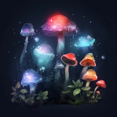 different types of fantasy mushrooms glowing in a dark forest, glowing bush, colorful fog, floating sparkles, in style of watercolor clipart, white background, high detail, 4k