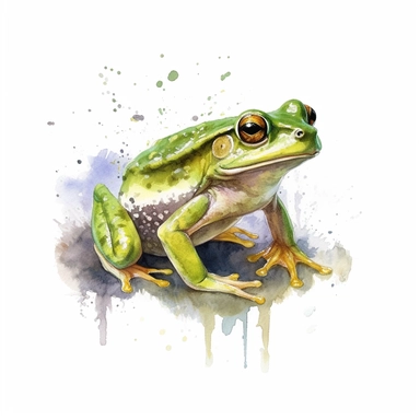 watercolour illustration free brushstrokes, beautiful and joyful, green frog, mark brooks, naturecore, animal clipart, isolated on a white background,