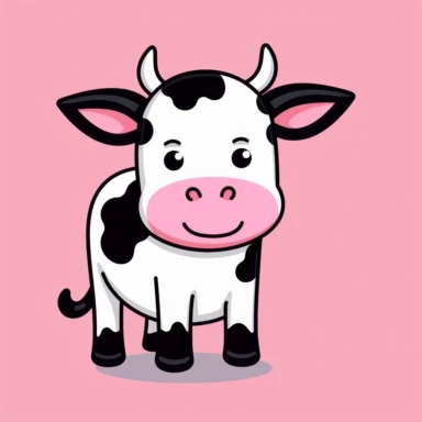 A simplistic SVG-style clipart of a charming cartoon cow front pose. The cow features a minimalistic design with its characteristic black and white spots and a dash of pink for its mouth. This adorable cow, with its large, bright eyes, and a small pair of horns, is designed using bold outlines and flat colors, emulating the simplicity of MS Paint creations. The design exudes innocence and playfulness, making it a perfect, uncomplicated representation of a cute cartoon cow.