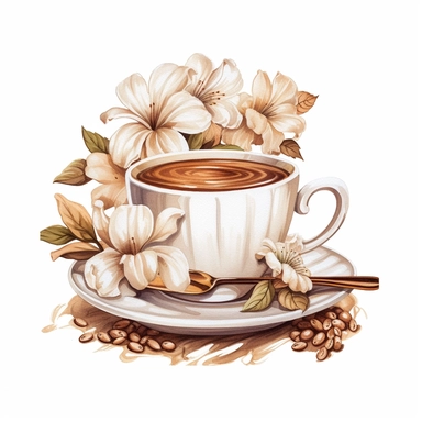 filter cafe for french coffee, cup of coffee, flower digital clipart on white background