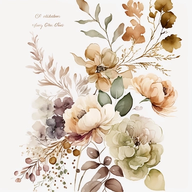watercolor floral CLIPART flower arrangement, NEUTRAL COLORS, AUTUMN COLOR PALLETT, clipart, MUTED COLORS, no background, blank space for writing, CLEAN OUTLINE, delicate and elegant, dreamy airy color, classic style, airy watery colors, with elements of