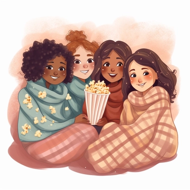 A group of girls cuddled up with popcorn and blankets, ready for a movie marathon clipart