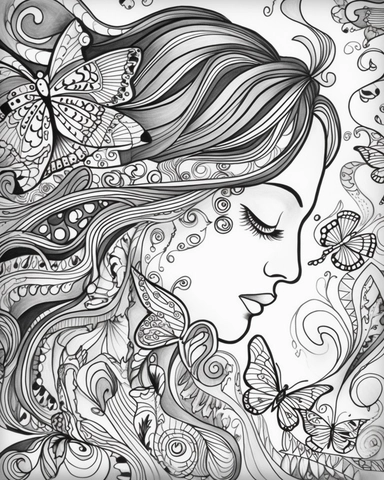 The coloring page features a girl surrounded by an array of psychedelic swirls and patterns, created using simple line art techniques. The girl is surrounded by a swarm of butterflies, adding an ethereal and dreamlike quality to the image. The design is filled with a variety of watercolor-related terminology, such as wash, blend, and color bleed, which give the image a sense of fluidity and movement. The colors used are bright and bold, with a range of pinks, purples, oranges, and yellows, that 