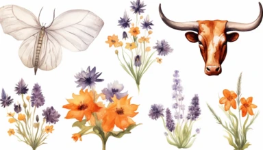 watercolor clipart set illustrations of wild flowers grass and Texas longhorns on white background