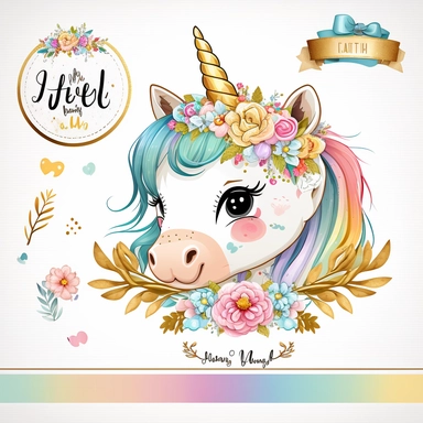 cute unicorn in chibi style with flowers in hair, colourful rainbow colours, well lite, with name plate ribbon with gold trim, watercolor clipart using procreate grain brush, svg white background