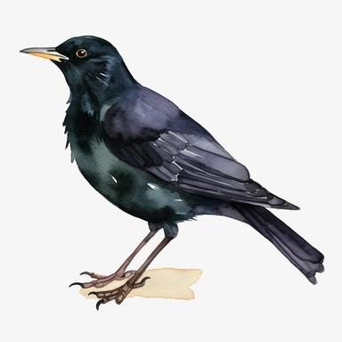 Watercolor blackbird clipart, white isolated background, space out, hd