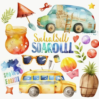 watercolor summer vacation from school clip arts, end of school year clipart, white background, no letters