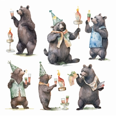 multiple poses characters of Black Bear enjoy with party in the garden, watercolor in medieval cartoon grunge style clipart on white background