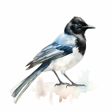 A captivating watercolor clipart illustration of a Eurasian Magpie bird, set against a pristine white background. The artwork depicts the bird with exquisite detail, capturing its sleek black feathers, contrasting white markings, and iridescent sheen. The watercolor technique lends a soft and fluid quality to the illustration, with subtle washes of color blending seamlessly to create a sense of depth and texture. The Magpie is depicted in a natural pose, with its characteristic long tail and dis