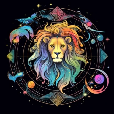 Leo zodiac sign, celestial rainbow color clipart, black background