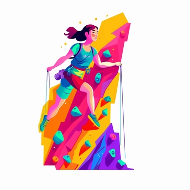 White background: discreet and minimalist, cute female leads climbers on the climbing wall , vector, sticker, isolated on white background, vibrant colors, lisa frank Clipart style. Simple, flat, 2D design with bold lines and a clear, make it cute.
