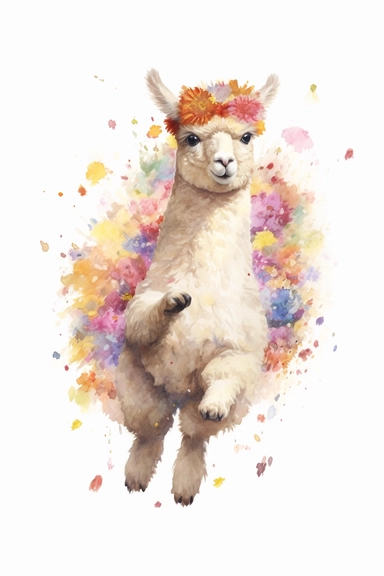 A highly detailed watercolor drawing of an adorable baby alpaca frolicking on a rolling wildflower hill on a pure white background. The alpaca is captured in a playful and joyful moment, with its fluffy coat bouncing as it jumps and runs through the vibrant wildflowers. The drawing showcases the alpaca's interaction with the colorful wildflowers, with petals and blooms swirling around in its wake. The white background enhances the focus on the alpaca and the lively scene, creating a delightful c