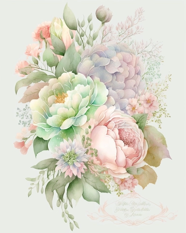soft colorful pastel colored floral arrangement clipart, soft and subtle, colorful fairy pastel colors watercolor style, fawncore, peonies and roses, pastel green, pink dreamy pastel, dreamy pastel colors, muted pastel colors, colorful dreamy pastel pink and pastel green colorful fairy pastel pink, plain white background, use of fabric, excellent depth of shading in soft watercolor style, watercolor artwork, plain white background for transparent editing