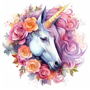 Watercolor Floral Unicorn, peony flowers, roses, Pastel colors, Fantasy, royal, elegance, whimsy, magical, on white background Sublimation Clipart,hyper realistic, intricate detail, illustration style,high solution,on the white background