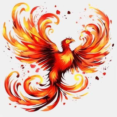 Create a stunning clipart featuring a magnificent phoenix with feathers that look as if they're touched by flames. The background should be plain and highly contrasted, while the style should be both watercolor and realistic. The phoenix should be depicted in all its resplendent glory, with vibrant colors and intricate details that make it come to life. Let the artwork inspire and captivate the viewer with its powerful imagery.