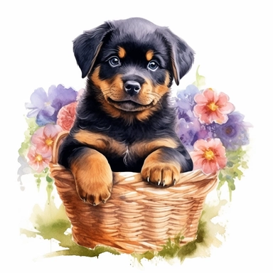clipart watercolor, very cute Rottweiler puppy, sitting in a basket with flowers, full body, childlike, free brushwork, white background, high solution
