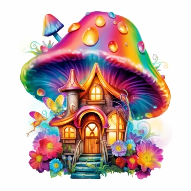Clipart with white background of a Mushroom Fairy House illuminated by colorful lights at night. Create an illustration that captures the enchanted atmosphere of this nighttime scene, making the colors and lights bright and inviting