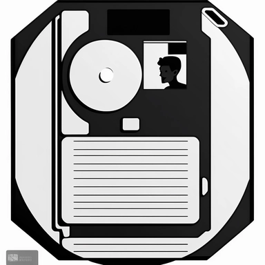 clipart of floppy disk with an anonymous, beautiful and well designed shadow of a man inside. Beautiful, flat, black and white, round image borders