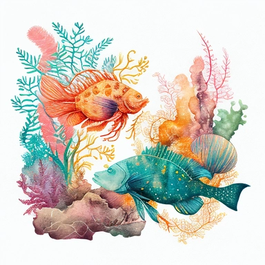vintage colorful watercolor coral reef clipart lobster and flounder transparent background