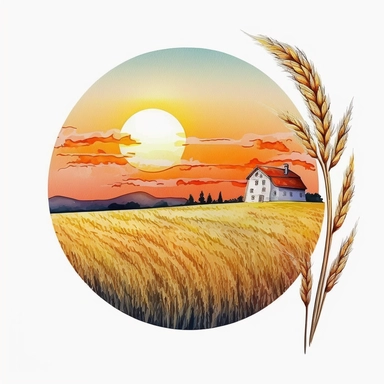 A clipart, A field of wheat crops with a country sunset in the background and a farmhouse, only one clipart, white background, vibrant colors, cartoon,style ghibli, hand drawn, watercolor