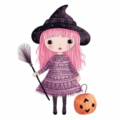 A watercolor witch Halloween-themed, full color, knitted painting texture, Millennial Pink, Perfect for nursery art and children's book illustration style, simple, cute, clipart, single object, white background for removing background