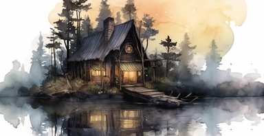 watercolor cottagecore clipart, witch's hut in an enchanted forest, in the style of reimagined by industrial light and magic, mystic mechanisms, soft dark pastels, illusory images, serene watercolors, witchcore, lith printing, black background