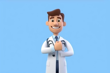 3d render. Cartoon character young caucasian man doctor, wears uniform, shows like gesture thumb up. Medical clip art isolated on blue background. Health care recommendation