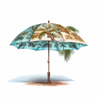 right side coconute trees,Beach Umbrella, Deck Sublimation Clipart,hyper realistic, intricate detail, illustration style,high solution,on the white background