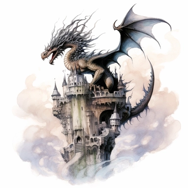dragon on a castle with black smoke rising around it, tattoo design by twilight designs, in the style of david nordahl, jean-baptiste monge, farel dalrymple, fantastical street, high resolution, imaginative characters, clipart, blank white background