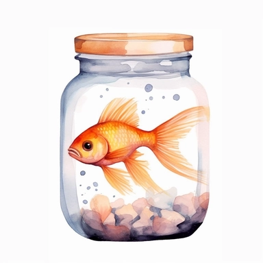 Cute Beautiful Colorful baby goldfish under sea In Jar Watercolor Sublimation Clipart,hyper realistic, intricate detail, illustration style,high solution,on the white background