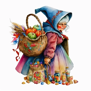la befana the Italian christmas witch, bag of toys, sweets, folklore, watercolor, white background, clipart