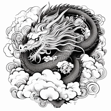 black and white dragon in a cloud with clouds design clipart, in the style of meticulous linework precision, elaborate kimono, joong keun lee, thick texture, ornate complexity, hand-coloring, intricate storytelling, clipart cut file cuttable cricut vector, white background