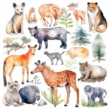 animals in nature, watercolor clip art AR 3:2