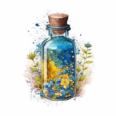 a vial of potion with myosotis inside, blue and yellow vibes, watercolor clipart