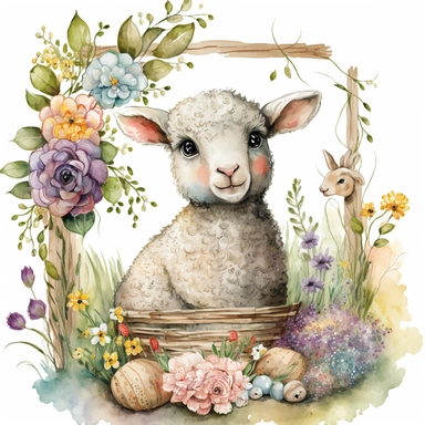 an adorable watercolour easter baby lamb with big eyes surrounded by flowers and easter eggs clipart, in a cozy and rustic barn. The lamb is sitting on a bed of hay, with baskets of colorful easter eggs and bouquets of wildflowers nearby. The atmosphere is warm and inviting, with a touch of nostalgia. Artwork, painted with watercolors and ink
