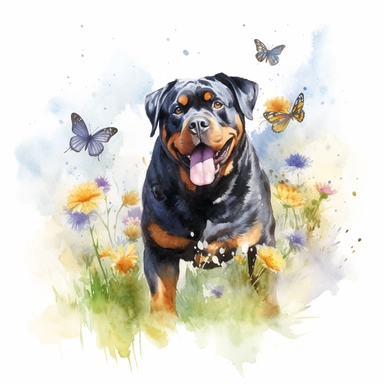 Playful Rottweiler chasing butterflies in a sunlit garden, its tail wagging with excitement, capturing its joyful and lively spirit, white background, watercolor clipart