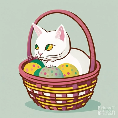 clipart of very cute white american shorthair kitten, playing in a basket full of easter eggs, solid white background, in the style of mary blair, vintage disney animation style