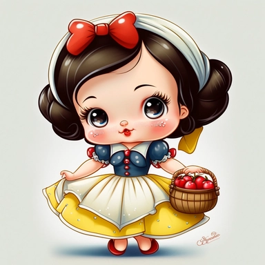 Disney princess baby 1 year old snow white chibi style holding a basket of apples happy little happy eyes kawaii style happy detailed sharp detailed mouth with smile delicate rounded face crisp detailed dress hands behind feet hand drawn chibi style painted like watercolor in 32k paper clip art