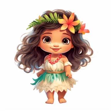 Toddler princess moana cartoon watercolor, round face delicate her long hair sharp and detailed her outfit like the original princess, character should be well drawn with soft tones a very clear smile confident and a head lightly painted in watercolor the character is a one year old baby should be on a white background clipart