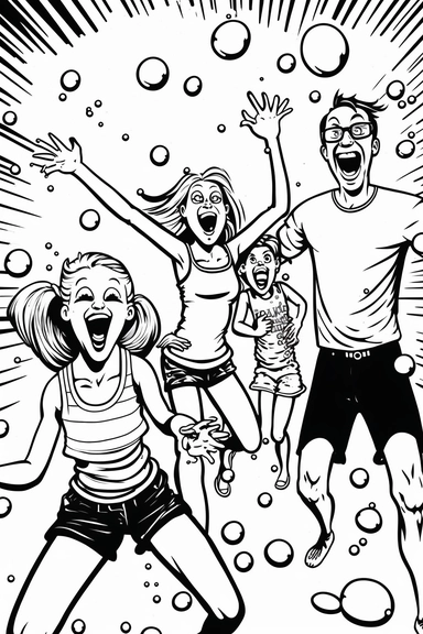 family has a water balloon fight, realistic modern cartoon style, bold black lines, in style of coloring book page for adults, illustration, BLACK AND WHITE, clean lines, vector lines, hand drawn, clipart, printable outlined art, white background, white spaces for coloring in, perfect hands, symmetrical face, perfect legs, symmetrical body