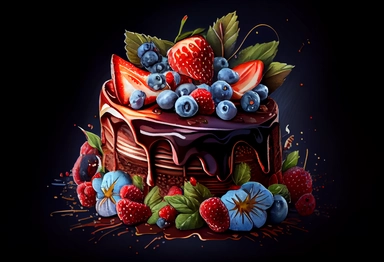 Chocolate cake decorated with strawberries, raspberries, blueberries. Watercolor holiday clipart for greeting cards, invitations, menus, logos, fabric prints. Wedding, birthday, anniversary design. , .highly detailed, + cinematic shot + photo taken by sony + incredibly detailed, sharpen details + highly realistic + professional photography lighting + lightroom + behance photography unsplash