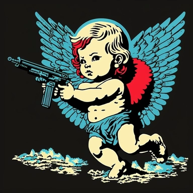 pop art baby sweat angel with machine gun K 112 drawing clipart animation realistic comic modern art