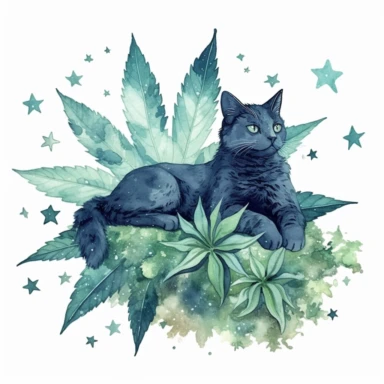 A watercolor illustration of a cat lounging on a cannabis leaf, surrounded by cosmic stars clipart